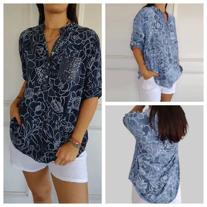 Damenbluse mit V-Ausschnitt und Blumendruck