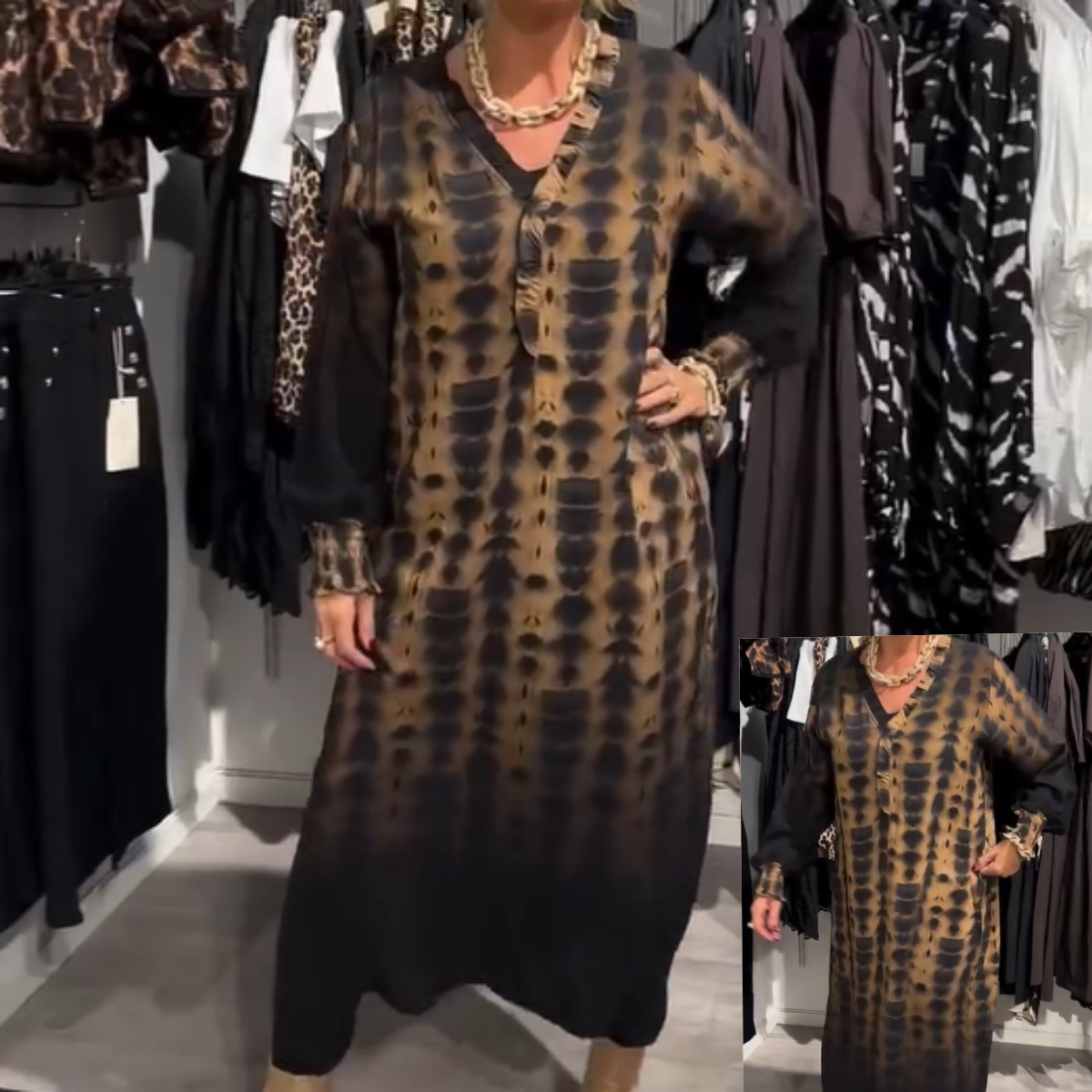 Frauen Loose V-Ausschnitt Leopardenmuster Lange Kleid