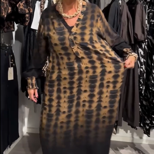 Frauen Loose V-Ausschnitt Leopardenmuster Lange Kleid