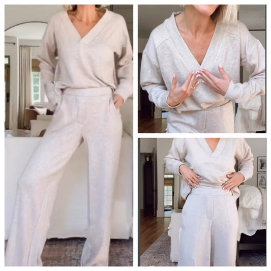 🔥HEISSER VERKAUF🔥 Lässiger Anzug mit Oberteil mit V-Ausschnitt und Hose mit weitem Bein