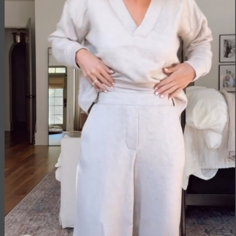 🔥HEISSER VERKAUF🔥 Lässiger Anzug mit Oberteil mit V-Ausschnitt und Hose mit weitem Bein