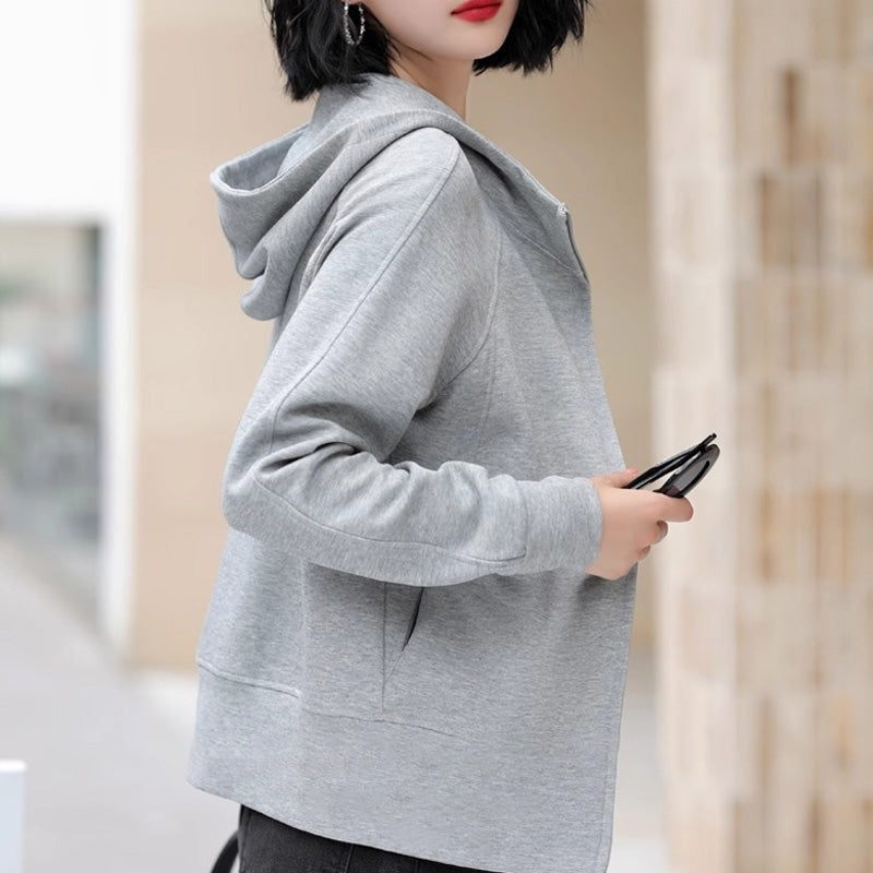Lässiges, einfarbiges Kapuzen-Sweatshirt mit Reißverschluss für Damen