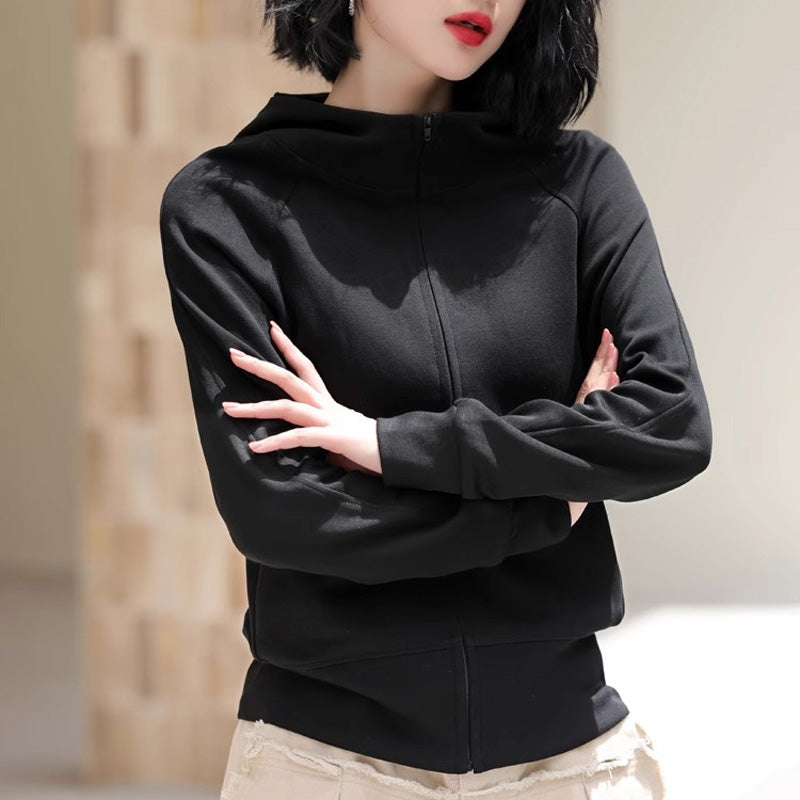 Lässiges, einfarbiges Kapuzen-Sweatshirt mit Reißverschluss für Damen