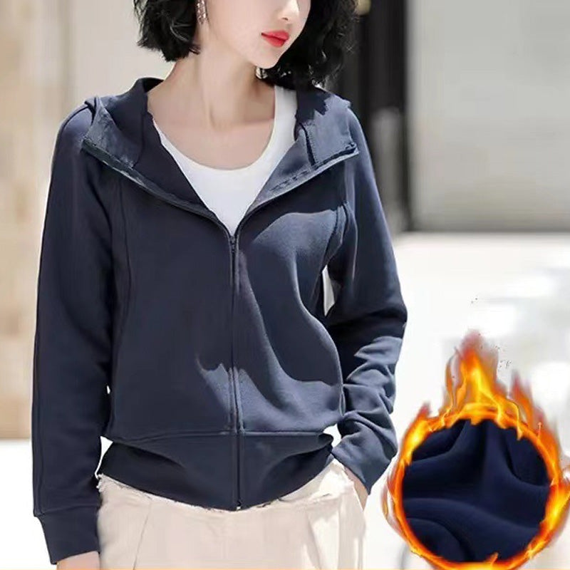 Lässiges, einfarbiges Kapuzen-Sweatshirt mit Reißverschluss für Damen