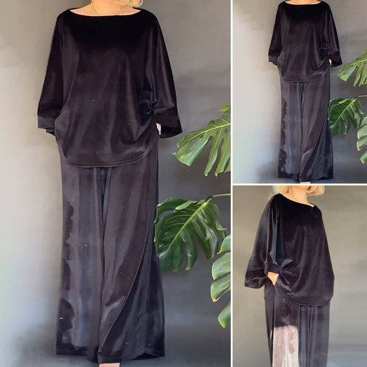 Eleganter, einfarbiger Hosenanzug aus glitzerndem Samtoberteil mit weitem Bein für Damen