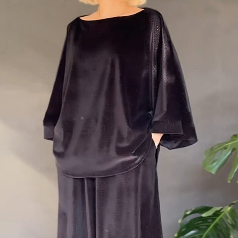 Eleganter, einfarbiger Hosenanzug aus glitzerndem Samtoberteil mit weitem Bein für Damen