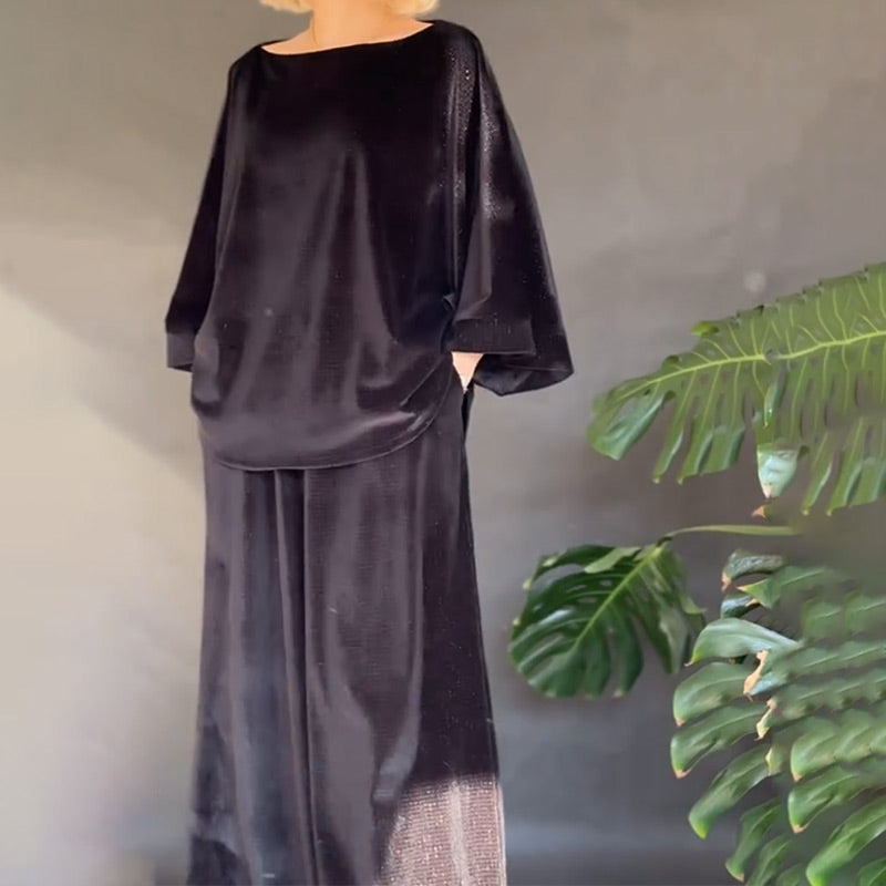 Eleganter, einfarbiger Hosenanzug aus glitzerndem Samtoberteil mit weitem Bein für Damen