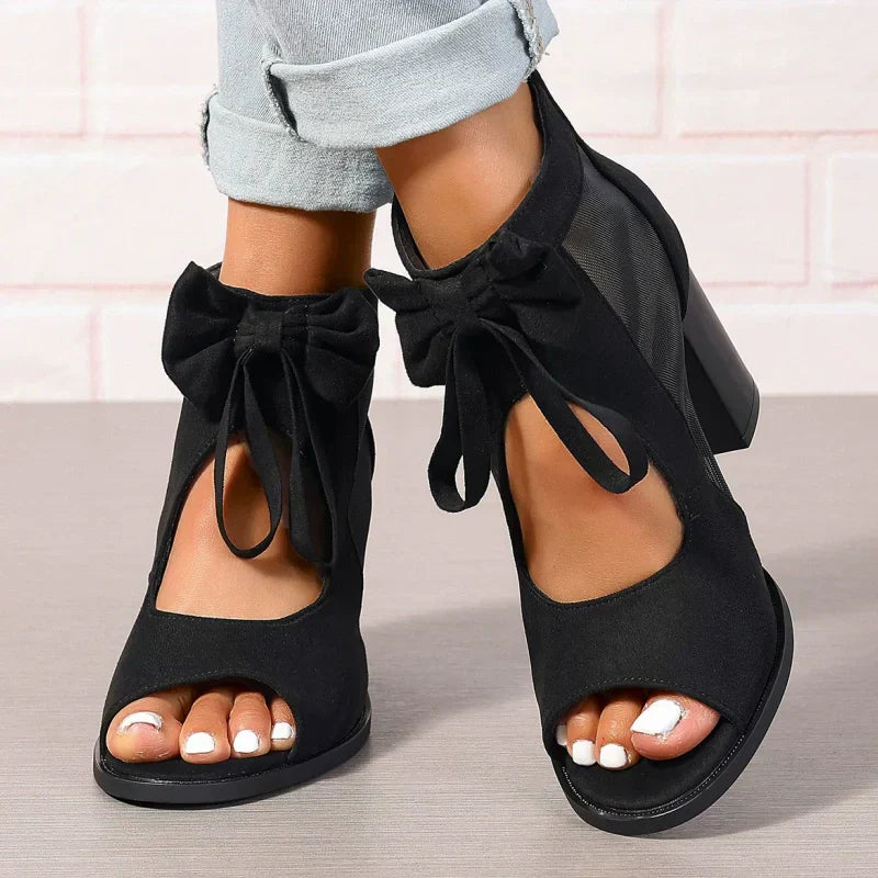 Offene Damen-Schleifen-Sandalen mit klobigem Absatz