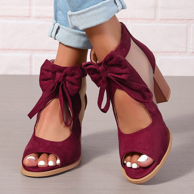 Offene Damen-Schleifen-Sandalen mit klobigem Absatz