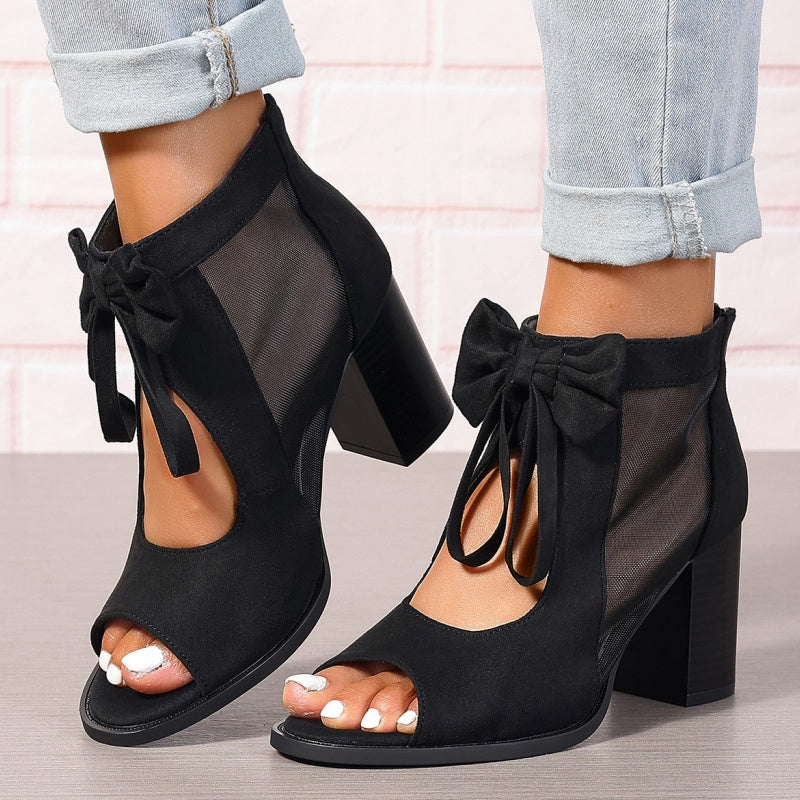 Offene Damen-Schleifen-Sandalen mit klobigem Absatz