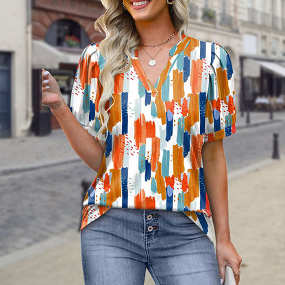 🌸 Bedrucktes Kurzarm-Top mit V-Ausschnitt für Damen