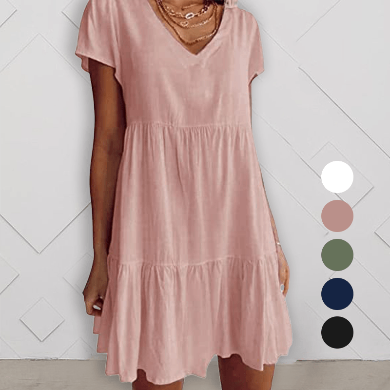💝Heiße Verkäufe 49 % RABATT💝Baumwollmischung V-Ausschnitt Casual Kurzarm Webkleid😍