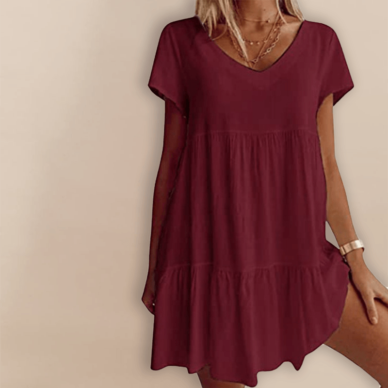 💝Heiße Verkäufe 49 % RABATT💝Baumwollmischung V-Ausschnitt Casual Kurzarm Webkleid😍