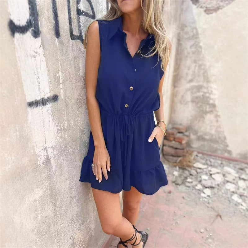 💕Heißer Verkauf👗Damen-Strampler mit Knopfleiste, Gürtel und Taschen