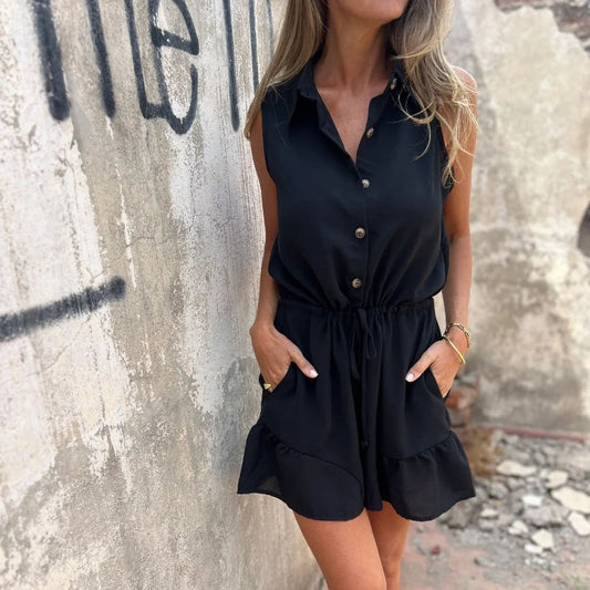 💕Heißer Verkauf👗Damen-Strampler mit Knopfleiste, Gürtel und Taschen