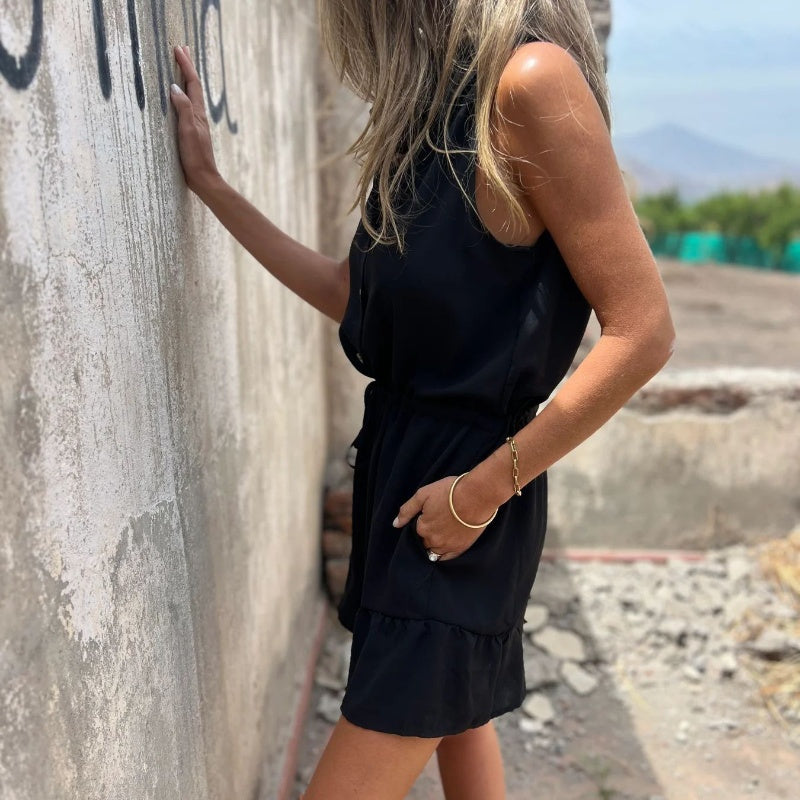 💕Heißer Verkauf👗Damen-Strampler mit Knopfleiste, Gürtel und Taschen