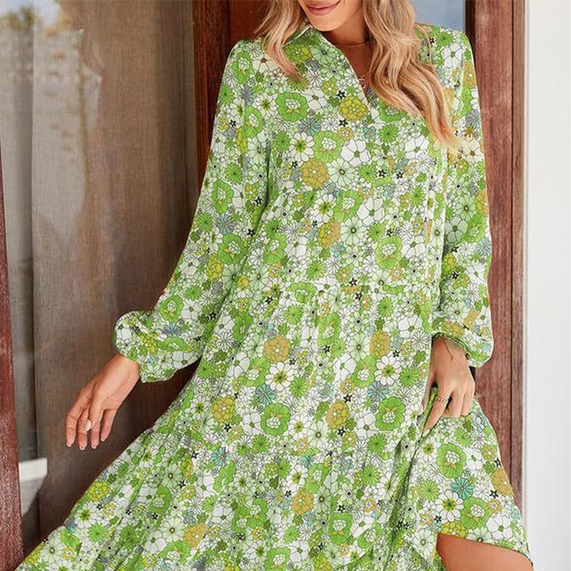 Damen Langarm V-Ausschnitt Bohemian Midi Kleid