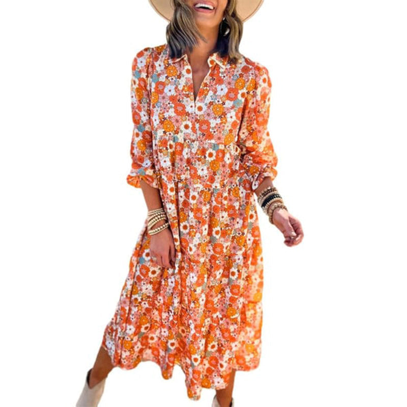 Damen Langarm V-Ausschnitt Bohemian Midi Kleid