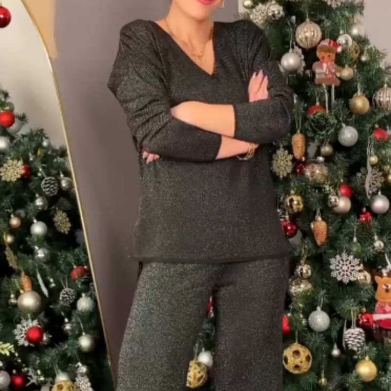 Zweiteiliges Set aus glitzernden Oberteilen mit V-Ausschnitt und weiten Hosen
