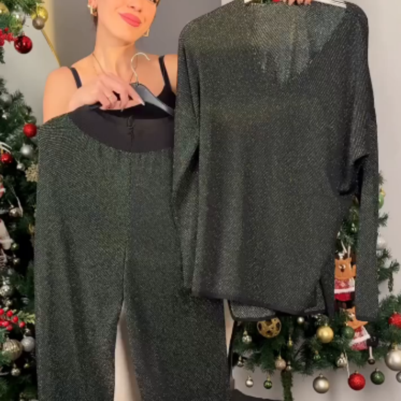 Zweiteiliges Set aus glitzernden Oberteilen mit V-Ausschnitt und weiten Hosen