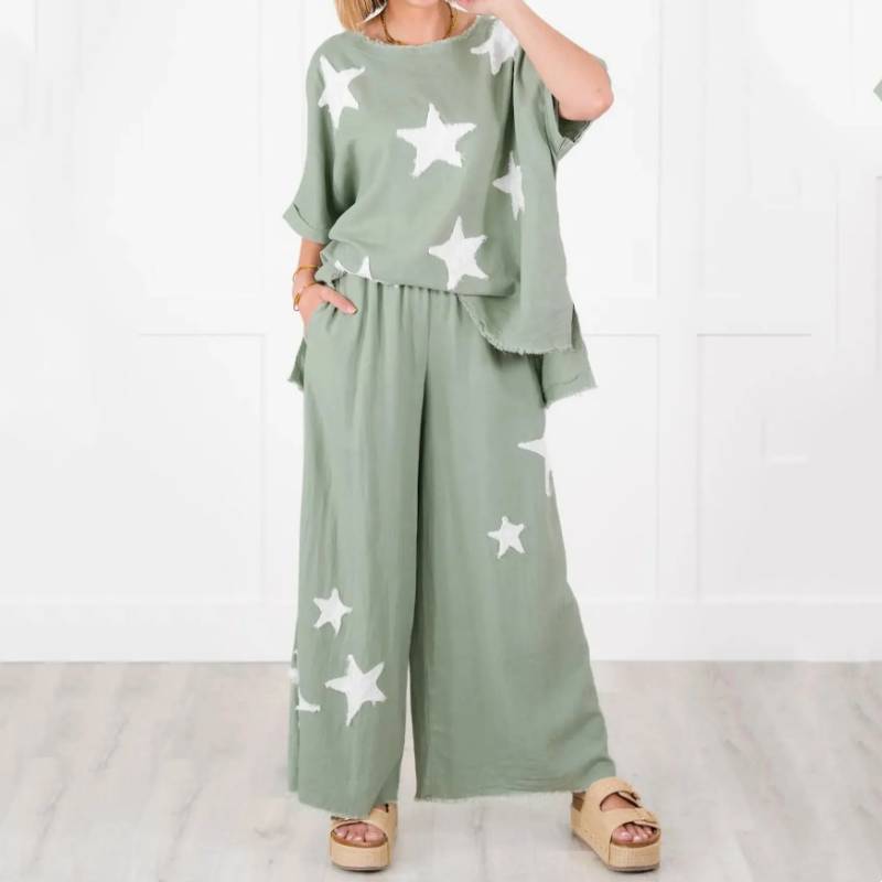 🌟Lässiges zweiteiliges Set mit kurzen Ärmeln und Stern-Patch für Damen