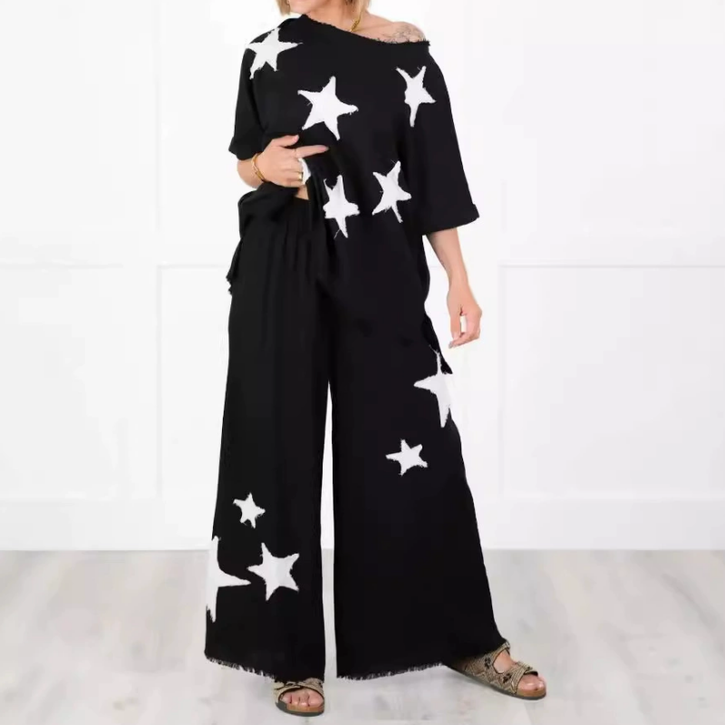 🌟Lässiges zweiteiliges Set mit kurzen Ärmeln und Stern-Patch für Damen