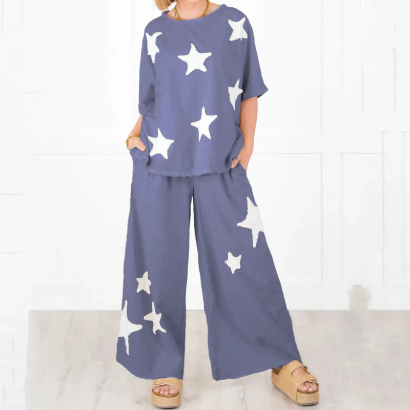 🌟Lässiges zweiteiliges Set mit kurzen Ärmeln und Stern-Patch für Damen