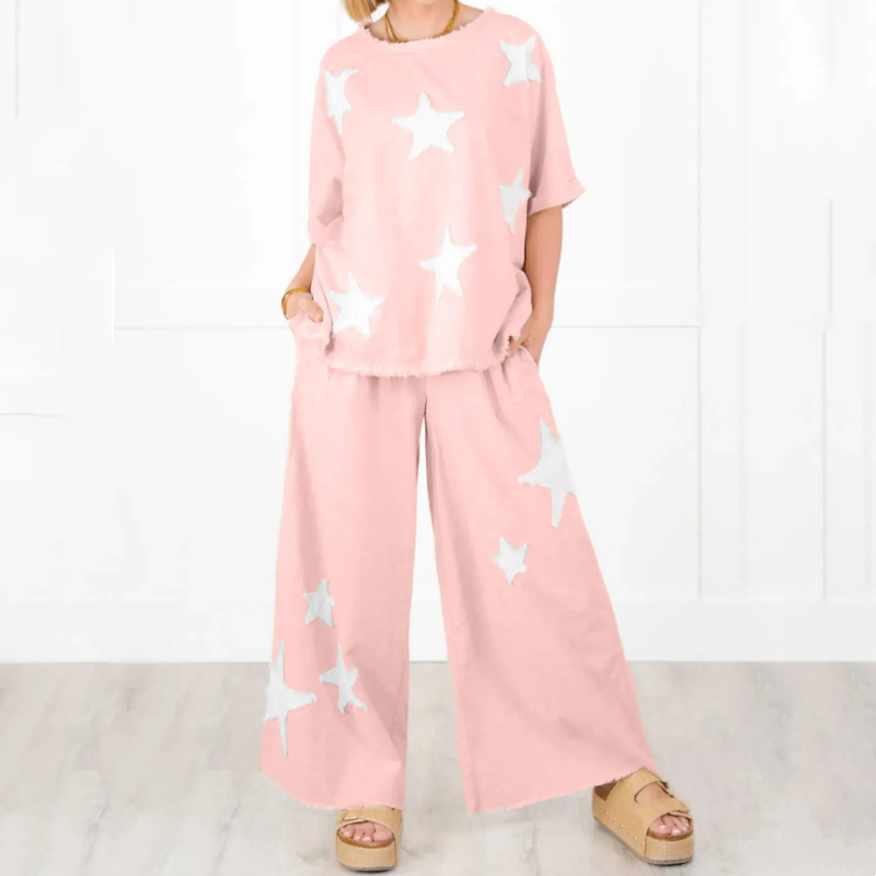 🌟Lässiges zweiteiliges Set mit kurzen Ärmeln und Stern-Patch für Damen
