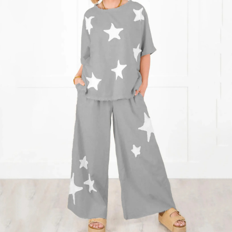 🌟Lässiges zweiteiliges Set mit kurzen Ärmeln und Stern-Patch für Damen