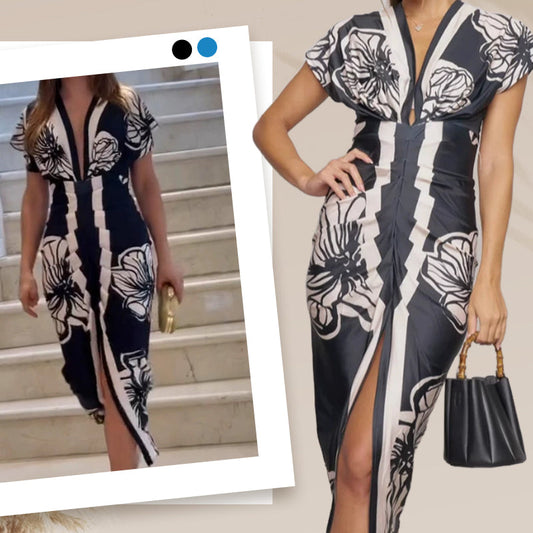Bedrucktes, figurbetontes Maxikleid mit tiefem V-Ausschnitt