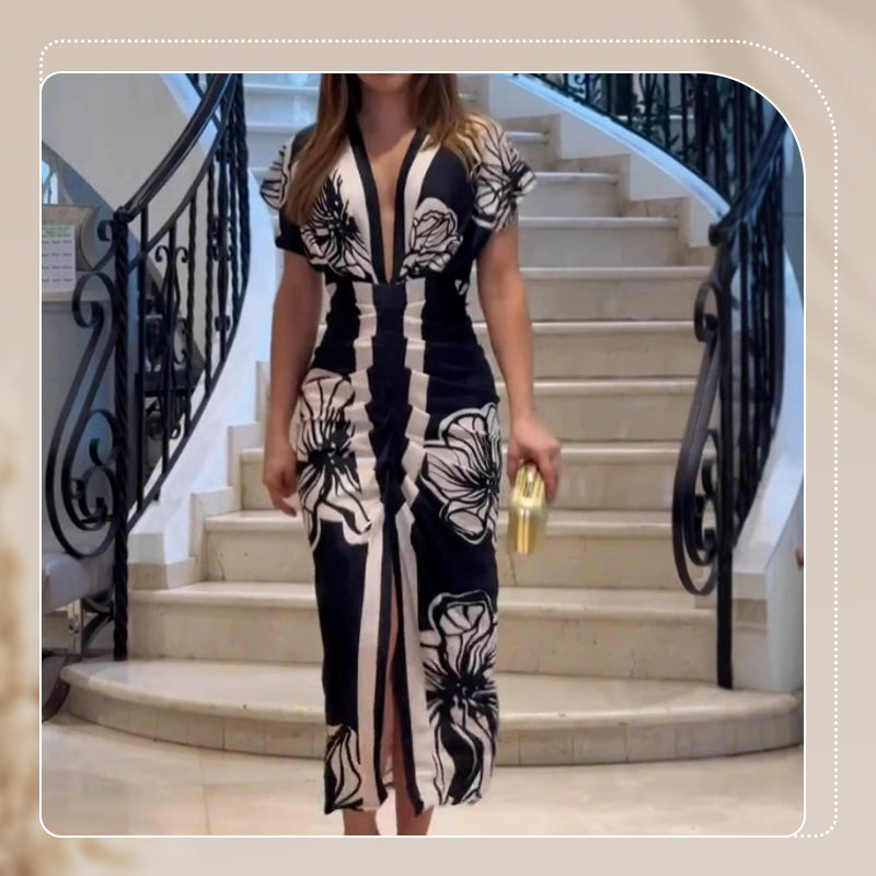 Bedrucktes, figurbetontes Maxikleid mit tiefem V-Ausschnitt