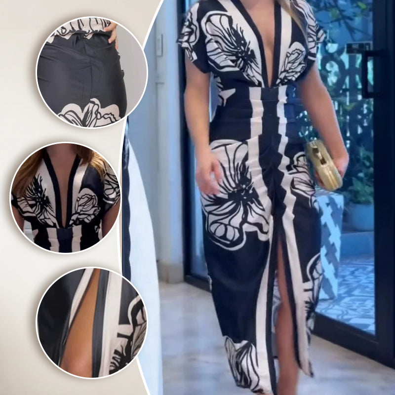 Bedrucktes, figurbetontes Maxikleid mit tiefem V-Ausschnitt