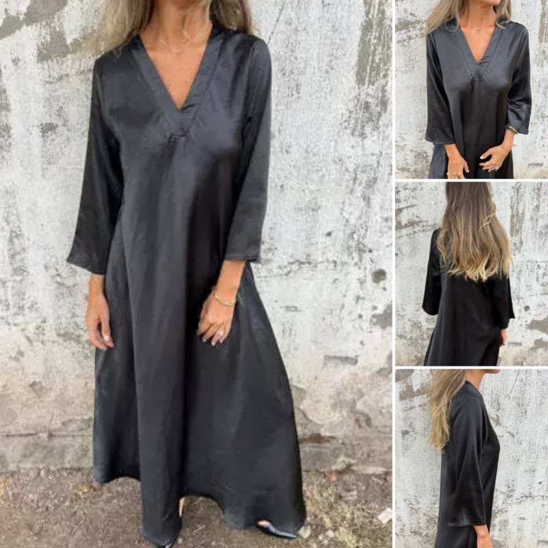 Damen V-Ausschnitt Langarm Baumwoll-Leinen Kleid