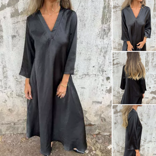 Damen V-Ausschnitt Langarm Baumwoll-Leinen Kleid