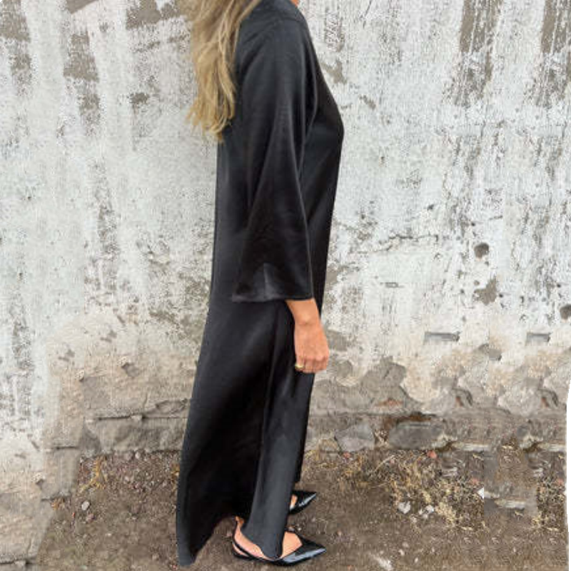 Damen V-Ausschnitt Langarm Baumwoll-Leinen Kleid
