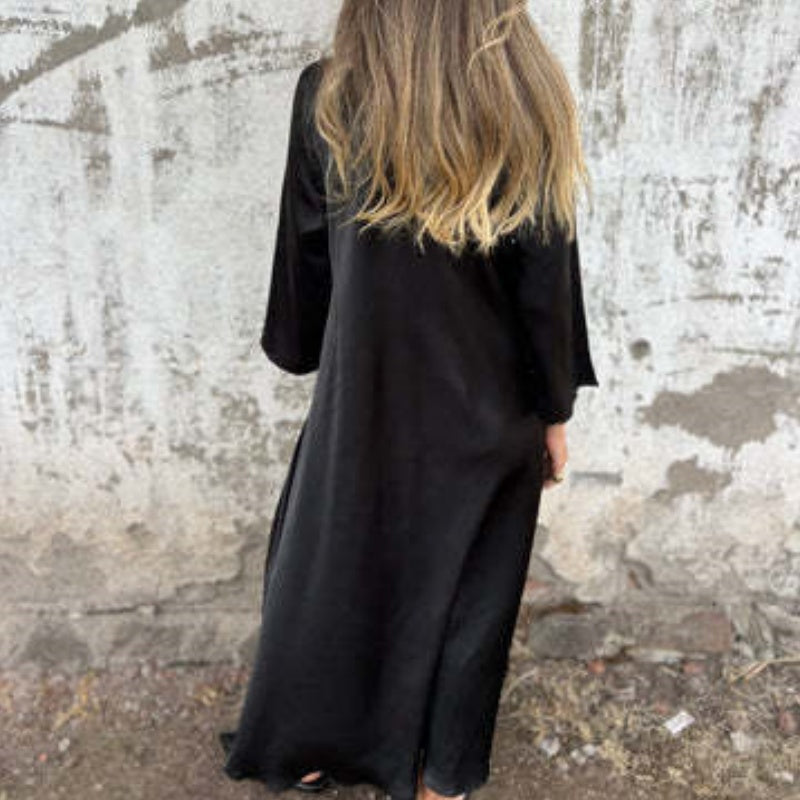Damen V-Ausschnitt Langarm Baumwoll-Leinen Kleid