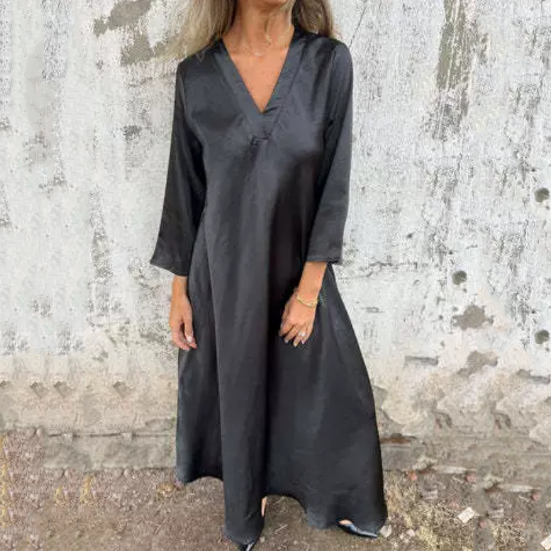 Damen V-Ausschnitt Langarm Baumwoll-Leinen Kleid