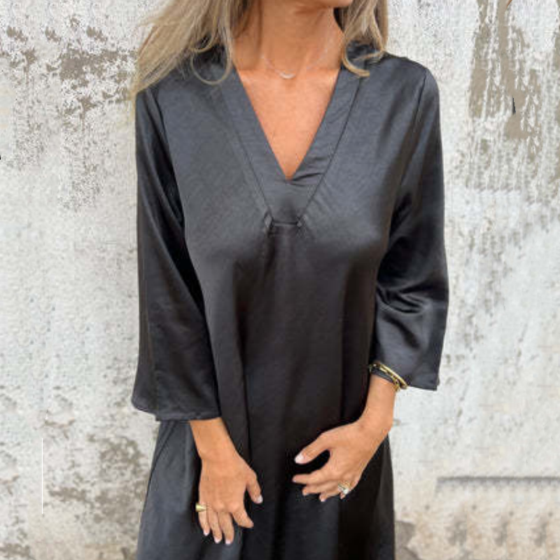 Damen V-Ausschnitt Langarm Baumwoll-Leinen Kleid