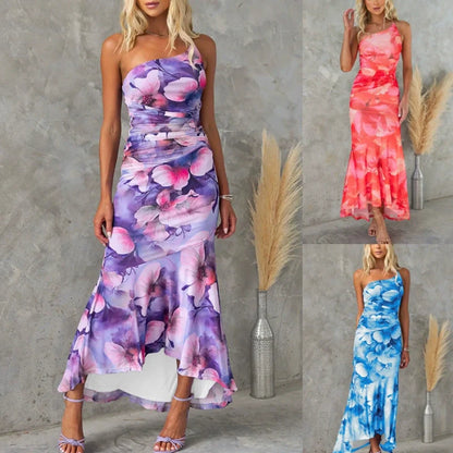 Elegantes, gerüschtes One-Shoulder-Kleid mit Blumendruck für Damen