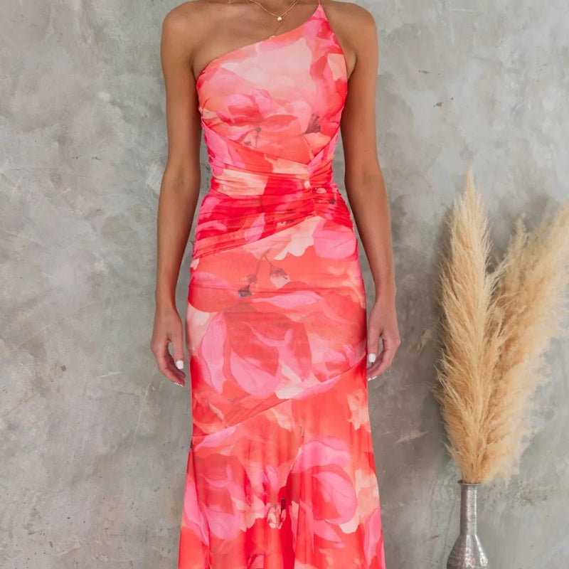 Elegantes, gerüschtes One-Shoulder-Kleid mit Blumendruck für Damen