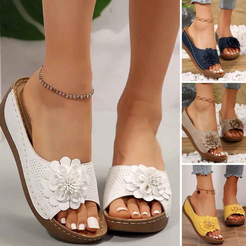 Damen bequeme Slip-On Sandalen mit Blumenverzierung