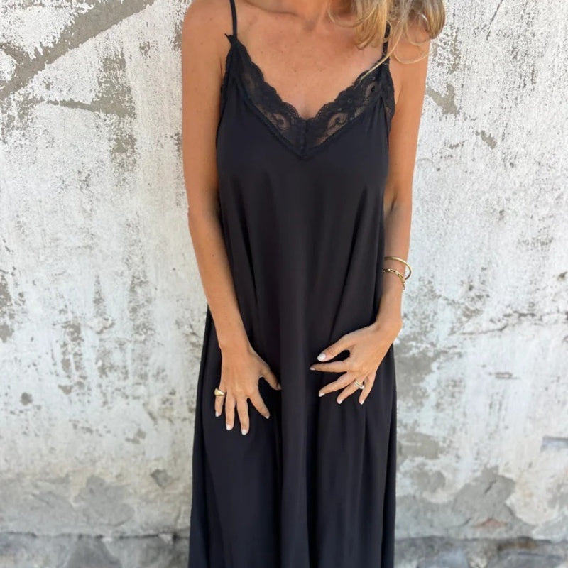 Elegantes Maxikleid mit V-Ausschnitt und Spaghettiträgern und Spitzenbesatz für Damen