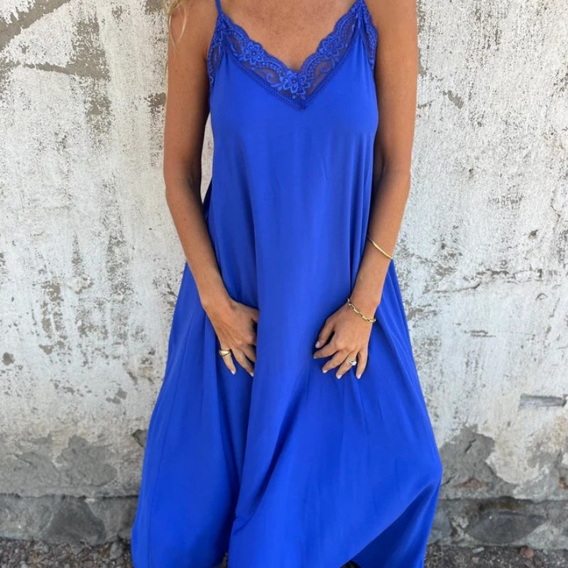Elegantes Maxikleid mit V-Ausschnitt und Spaghettiträgern und Spitzenbesatz für Damen