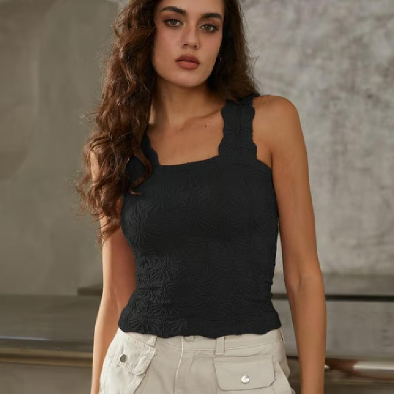 Damen Sport-Tanktop mit breiten Trägern und quadratischem Ausschnitt, kurzes Blumenmuster