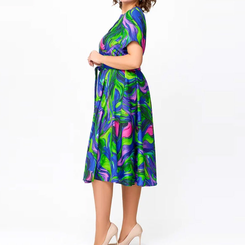 🌸Frühjahrsangebote💐👗Damen kurzärmeliges, tailliertes, bedrucktes Midikleid