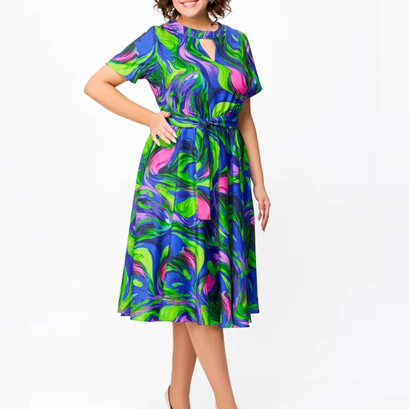 🌸Frühjahrsangebote💐👗Damen kurzärmeliges, tailliertes, bedrucktes Midikleid