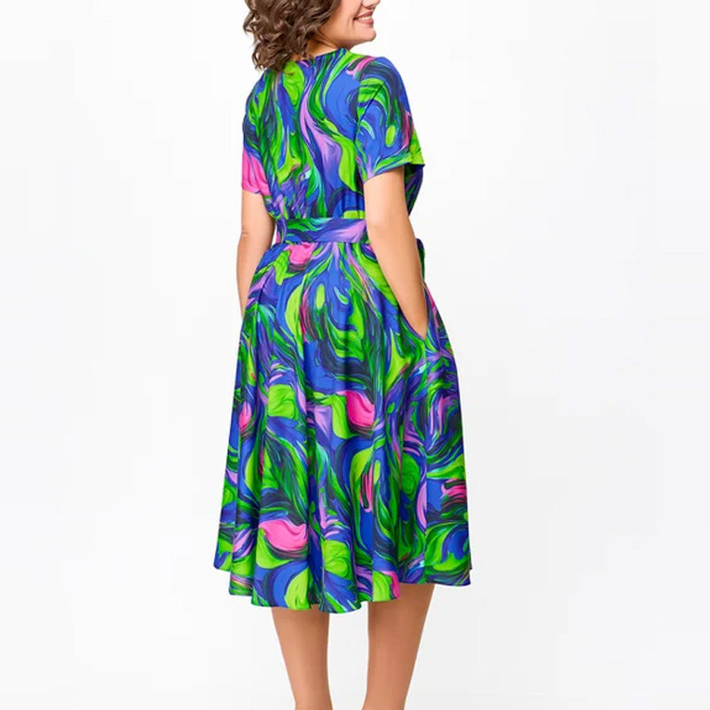 🌸Frühjahrsangebote💐👗Damen kurzärmeliges, tailliertes, bedrucktes Midikleid