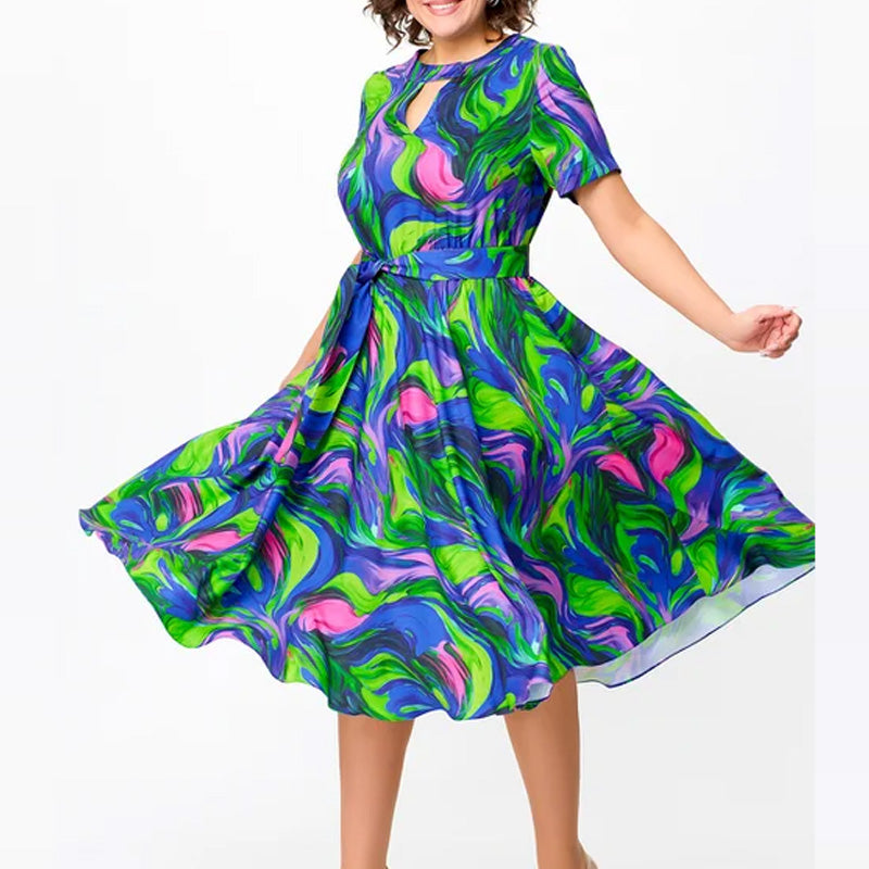 🌸Frühjahrsangebote💐👗Damen kurzärmeliges, tailliertes, bedrucktes Midikleid