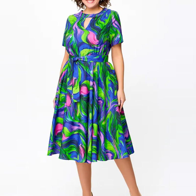 🌸Frühjahrsangebote💐👗Damen kurzärmeliges, tailliertes, bedrucktes Midikleid