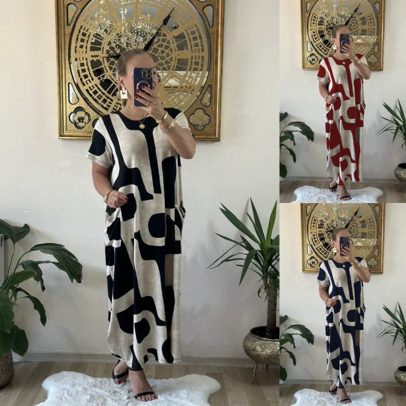 Trendiges Damenkleid mit Print, kurzen Ärmeln und lockerem Schnitt